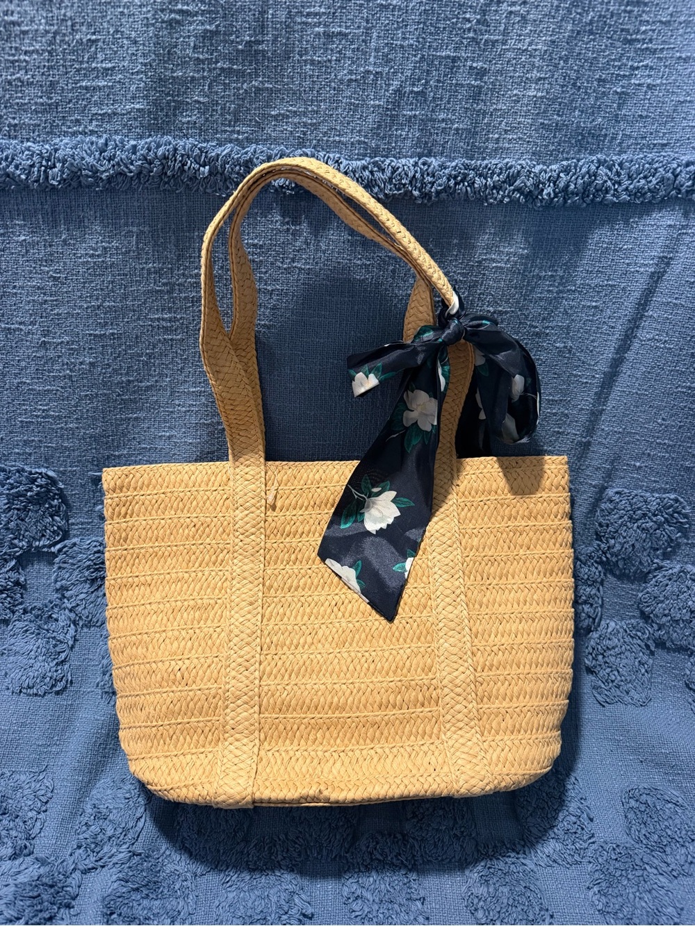Draper James Woven Straw Tote in Natural Tan with Navy Scarf Accent